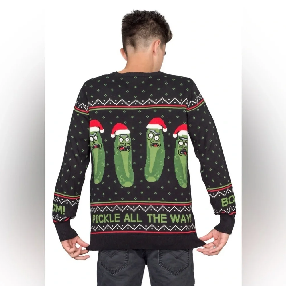 Rick and Morty Boom! Pickle Rick Adult Unisex Ugly Christmas Sweater Black